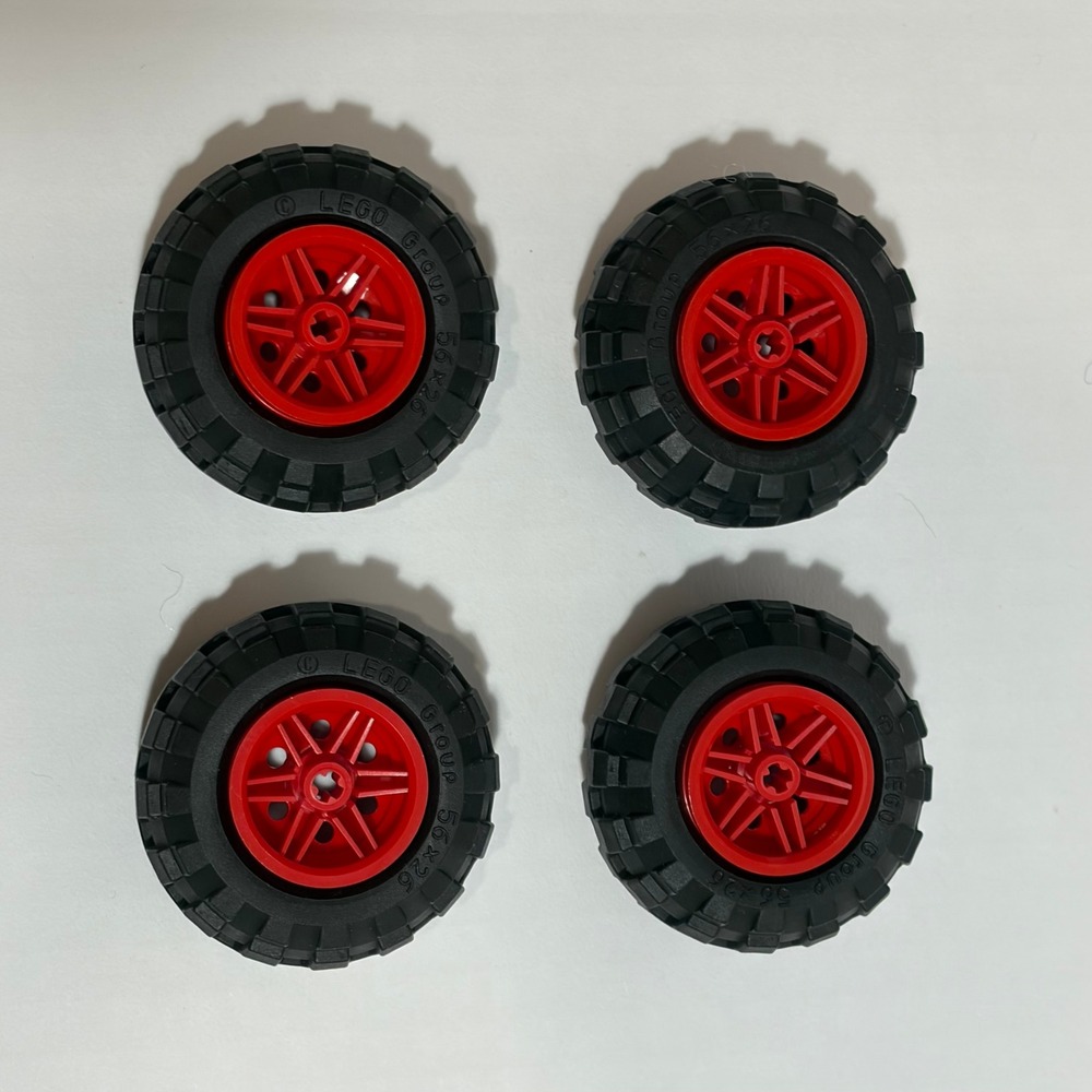 LEGO Wheels and Tires 56x26 Red Black Technic Truck Parts Rims Set of 4